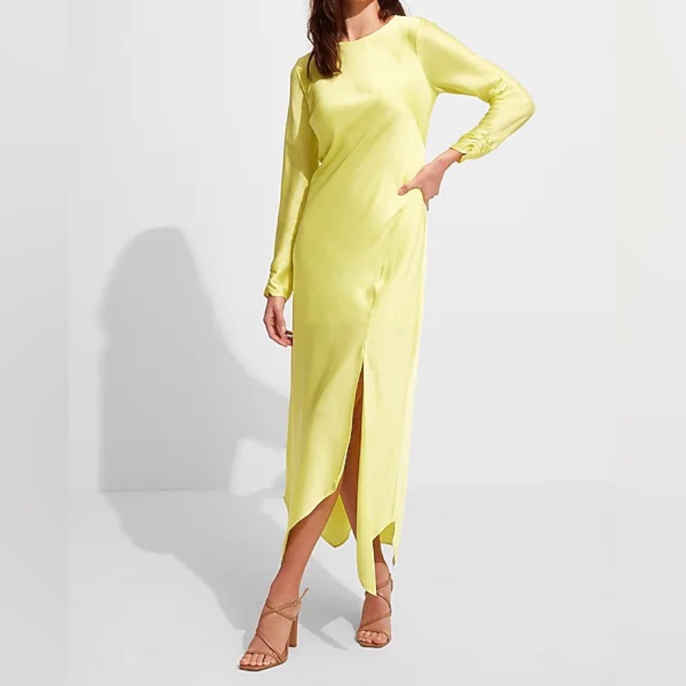 NWOT Express Satin Long Sleeve Asymmetrical Hem Maxi Vibrant Yellow Dress Sz L